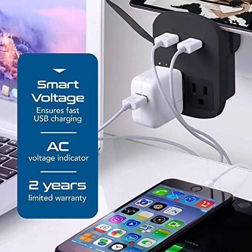 Ceptics مجموعة محولات السفر من سيبتيكس - QC 3.0 مزدوج USB + مخرجين أمريكيين مزدوجين، حماية من زيادة التيار، مثالي لأوروبا، المملكة المتحدة، الصين، أستراليا، اليابان، مثالي للكمبيوتر المحمول، الهواتف المحمولة، الكاميرات - آمن ETL - أسود - Image 3