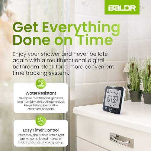 BALDR Digital Shower Clock with Timer - Black - Water-Resistant Shower Timer, Countdown Timer Clock with Temperature and Humidity, Digital Clock for Shower, Bathroom Clock, Alarm Clock Battery Powered - Image 2