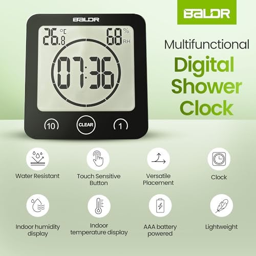 BALDR Digital Shower Clock with Timer - Black - Water-Resistant Shower Timer, Countdown Timer Clock with Temperature and Humidity, Digital Clock for Shower, Bathroom Clock, Alarm Clock Battery Powered - Image 5