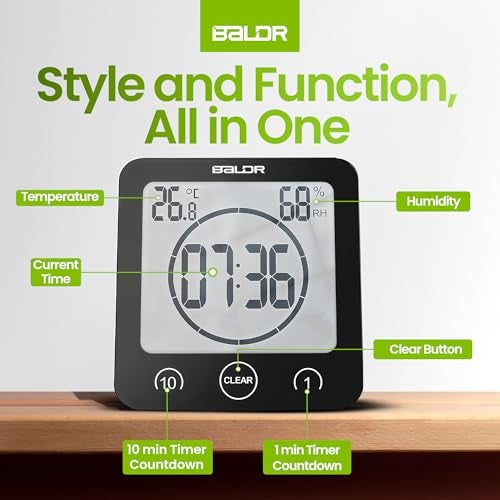 BALDR Digital Shower Clock with Timer - Black - Water-Resistant Shower Timer, Countdown Timer Clock with Temperature and Humidity, Digital Clock for Shower, Bathroom Clock, Alarm Clock Battery Powered - Image 4