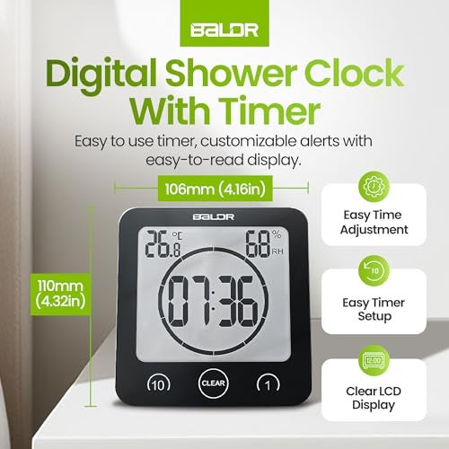 BALDR Digital Shower Clock with Timer - Black - Water-Resistant Shower Timer, Countdown Timer Clock with Temperature and Humidity, Digital Clock for Shower, Bathroom Clock, Alarm Clock Battery Powered - Image 3