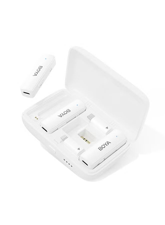 BOYA BOYALINK White Wireless clip on Microphone for Wedding Vlog Interview, Portable Charging Case Switchable Adapters for iPhone Android Camera,Noise Reduction Quick Mute  - Image 1