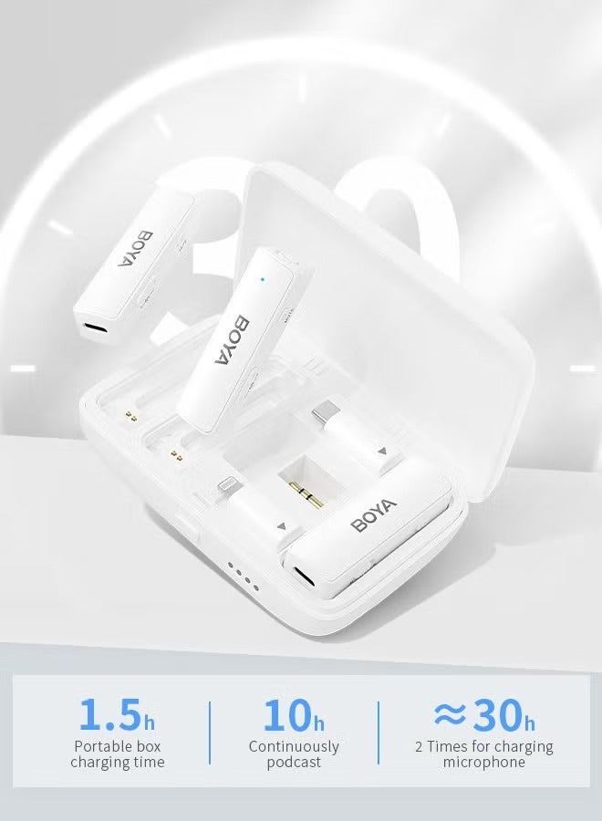 BOYA BOYALINK White Wireless clip on Microphone for Wedding Vlog Interview, Portable Charging Case Switchable Adapters for iPhone Android Camera,Noise Reduction Quick Mute  - Image 3