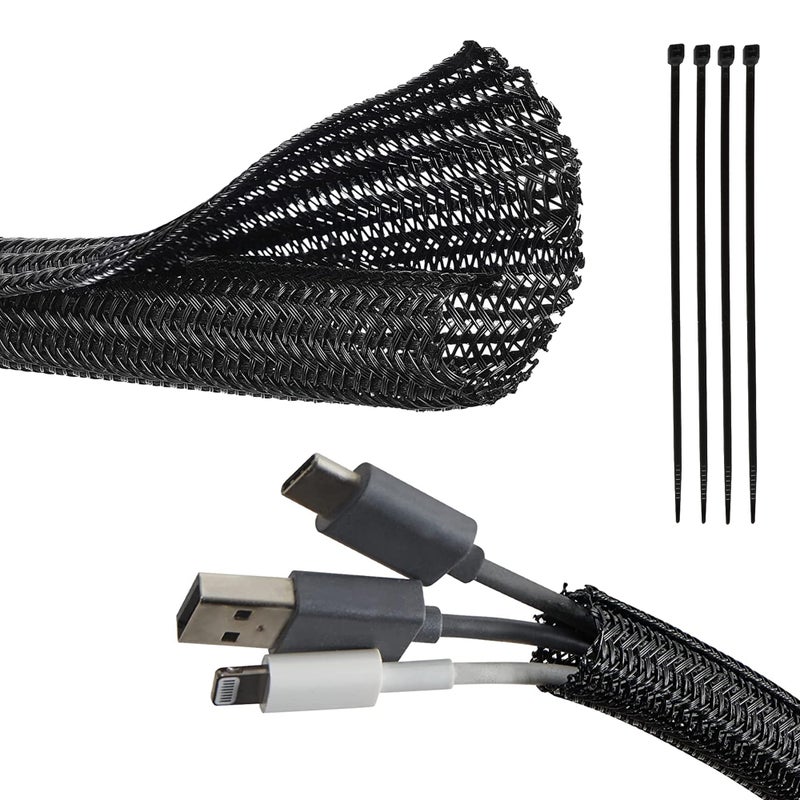 RED WOLF Cable Sleeves Cord Management Braided Wire Loom Split Sleeving 3/8 Inch x 10 FT Protector Wiring Cable Cover Flexible Self-Wrap for Automotive Home Office Anti-Scratch High-Temperature Black - Image 1