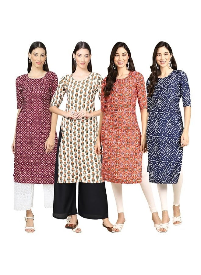 Pinkmint store Women's Crepe Print Straight Kurta [Pack of 4] S - Image 1