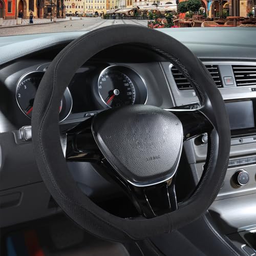 Binsheo Black Suede D Shaped Steering Wheel Cover Breathable NonSlip SweatProof WearResistant No Pilling Warm in Winter and Cool in Summer Universal 15 inch - Image 1