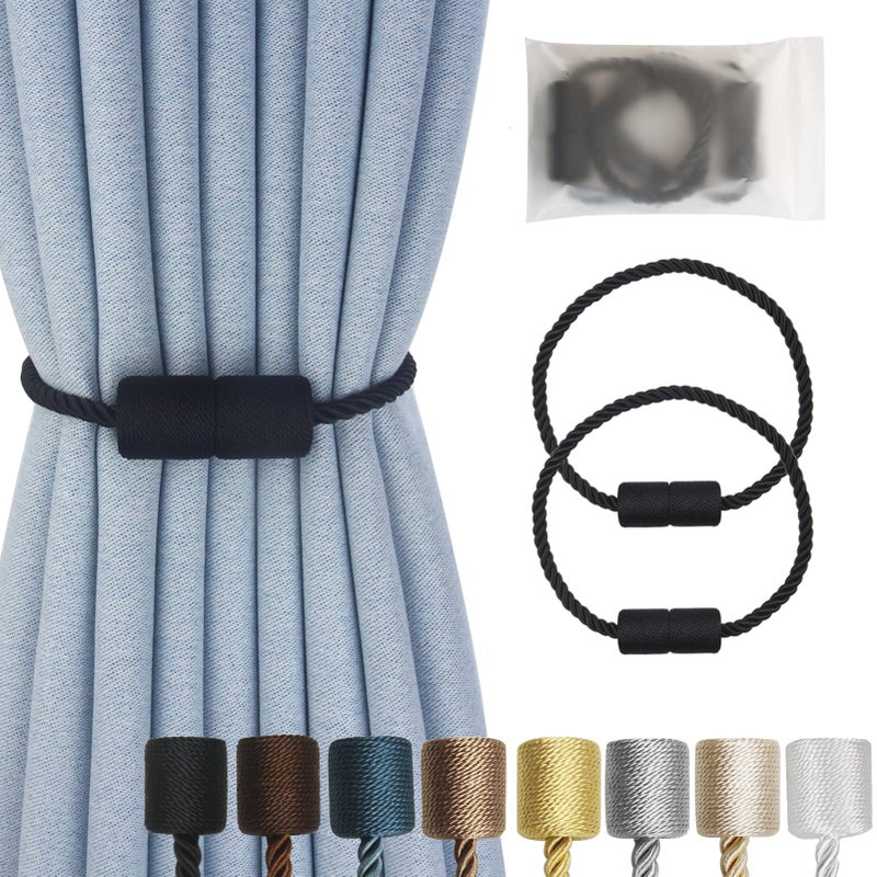 Hangtty Magnetic Curtain Tiebacks 2 Pack Black Curtain Rope Tieback Curtain Holders for Drapes Modern Tie Backs Decorative Curtain Holdbacks
