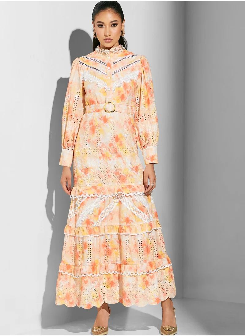 Threadz by Ajooni Lace Detail Puffed Sleeve Dress