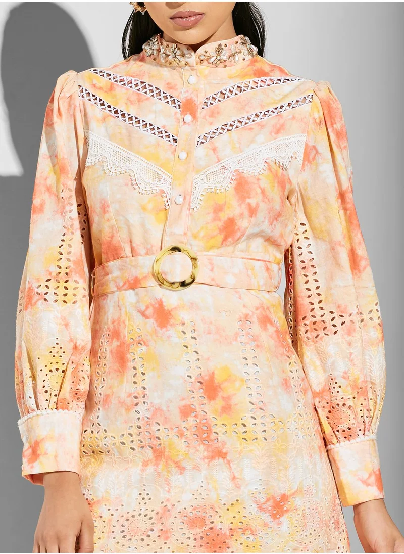Threadz by Ajooni Lace Detail Puffed Sleeve Dress