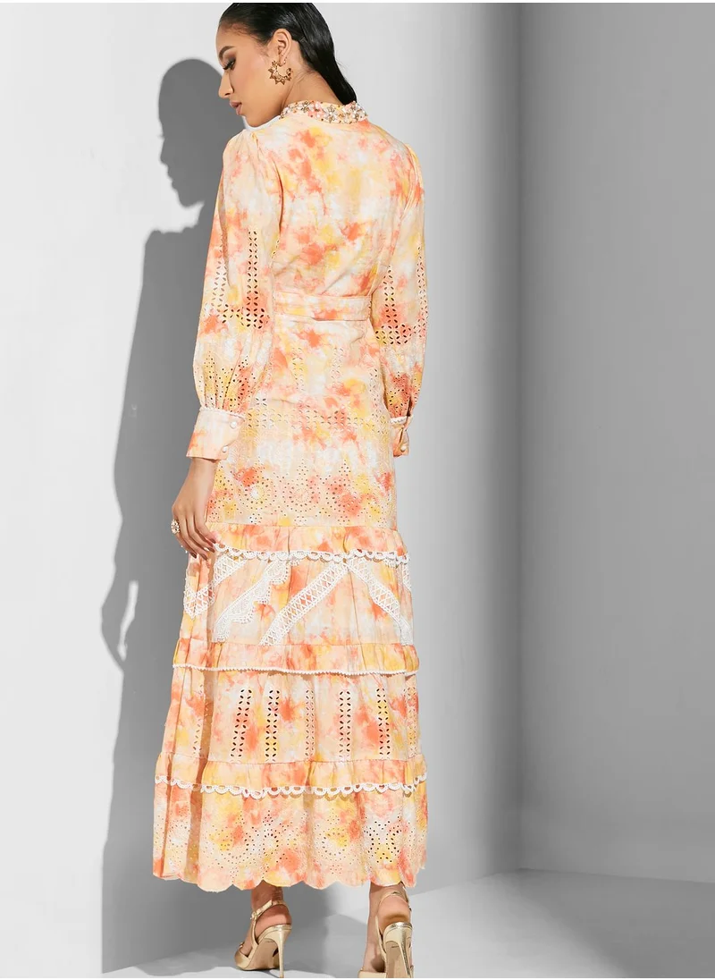 Threadz by Ajooni Lace Detail Puffed Sleeve Dress