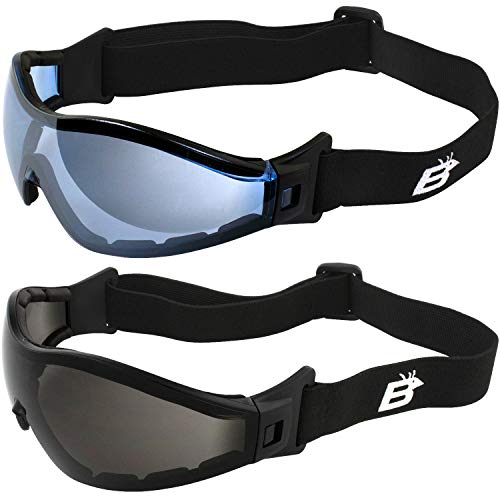 Birdz 2 Pairs Eyewear Boogie Black Foam Padded Motorcycle Ski Skydiving Goggles with Smoke & Blue Mirror Anti-Fog Lenses - Image 1