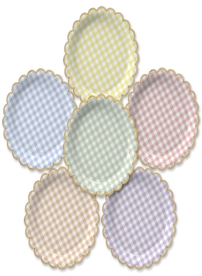 Confettiville Party Paper Plates, 50-Pack 9-Inch Bulk Disposable Decorative Paper Plates with Gold Scalloped Trim, 6 Assorted Colors for Tea Party, Easter, Garden Party, and Bridal Showers, Gilded Pastel Gingham - Image 1