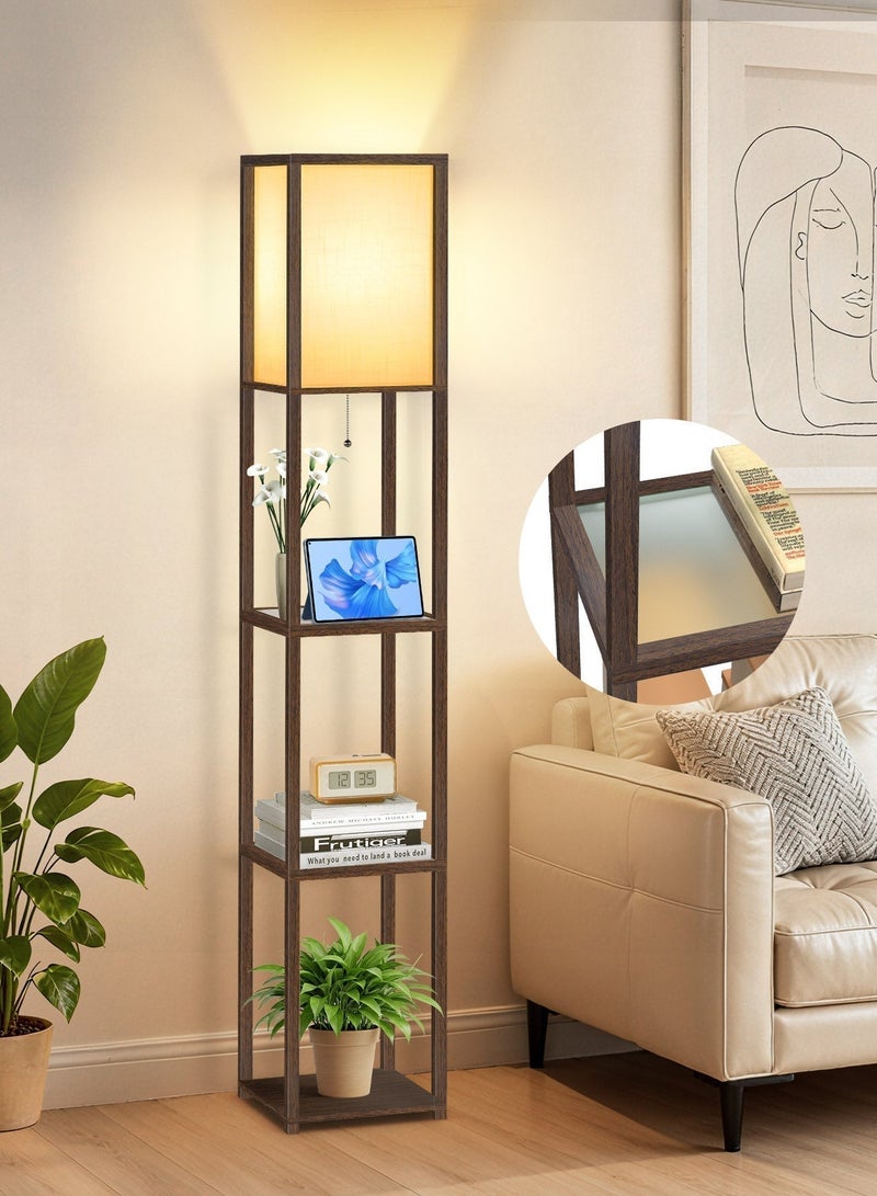 OUTON Floor Lamp with Shelves With Warm Light Shelf Lamps with 3 Color Temperature 12W LED Bulb Storage Bamboo Joint Texture Modern Display Standing Lamp for Living Room Office Bedroom Walnut - Image 1