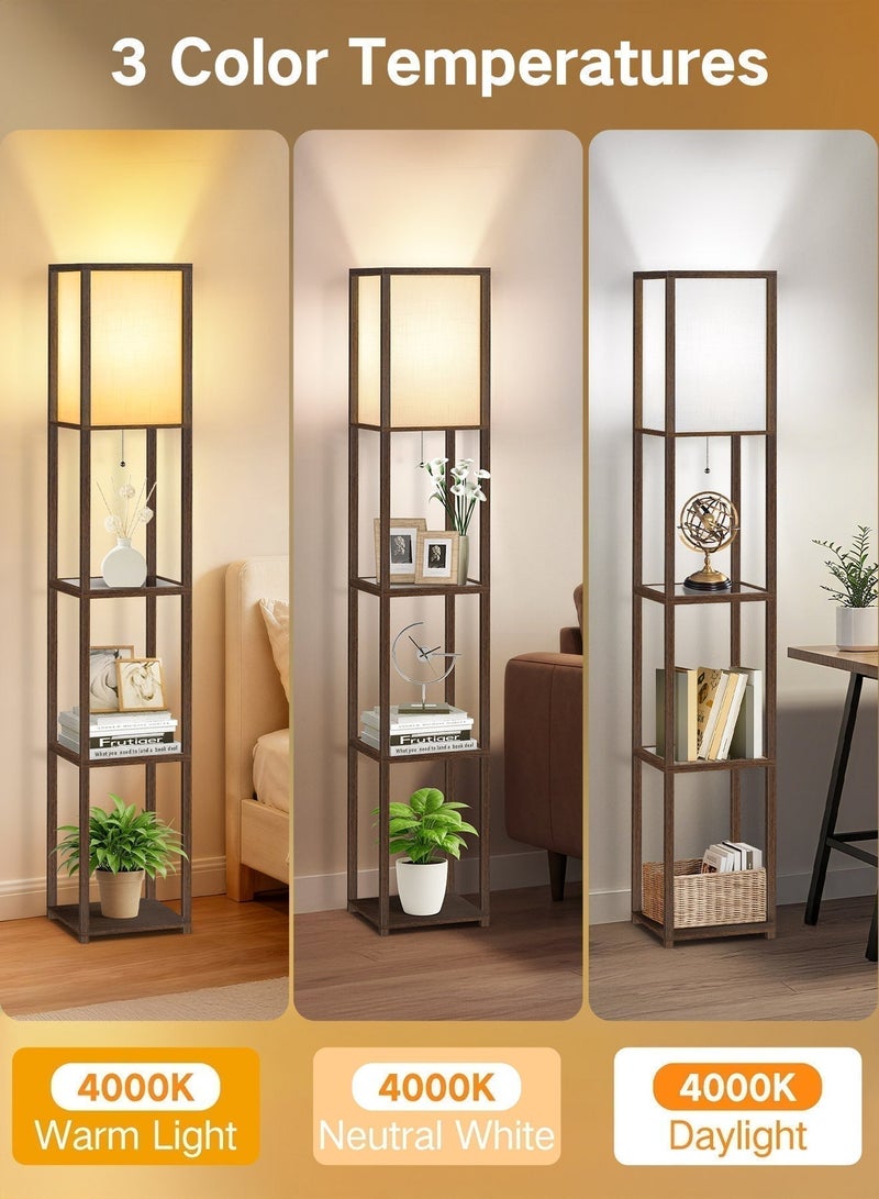 OUTON Floor Lamp with Shelves With Warm Light Shelf Lamps with 3 Color Temperature 12W LED Bulb Storage Bamboo Joint Texture Modern Display Standing Lamp for Living Room Office Bedroom Walnut - Image 2