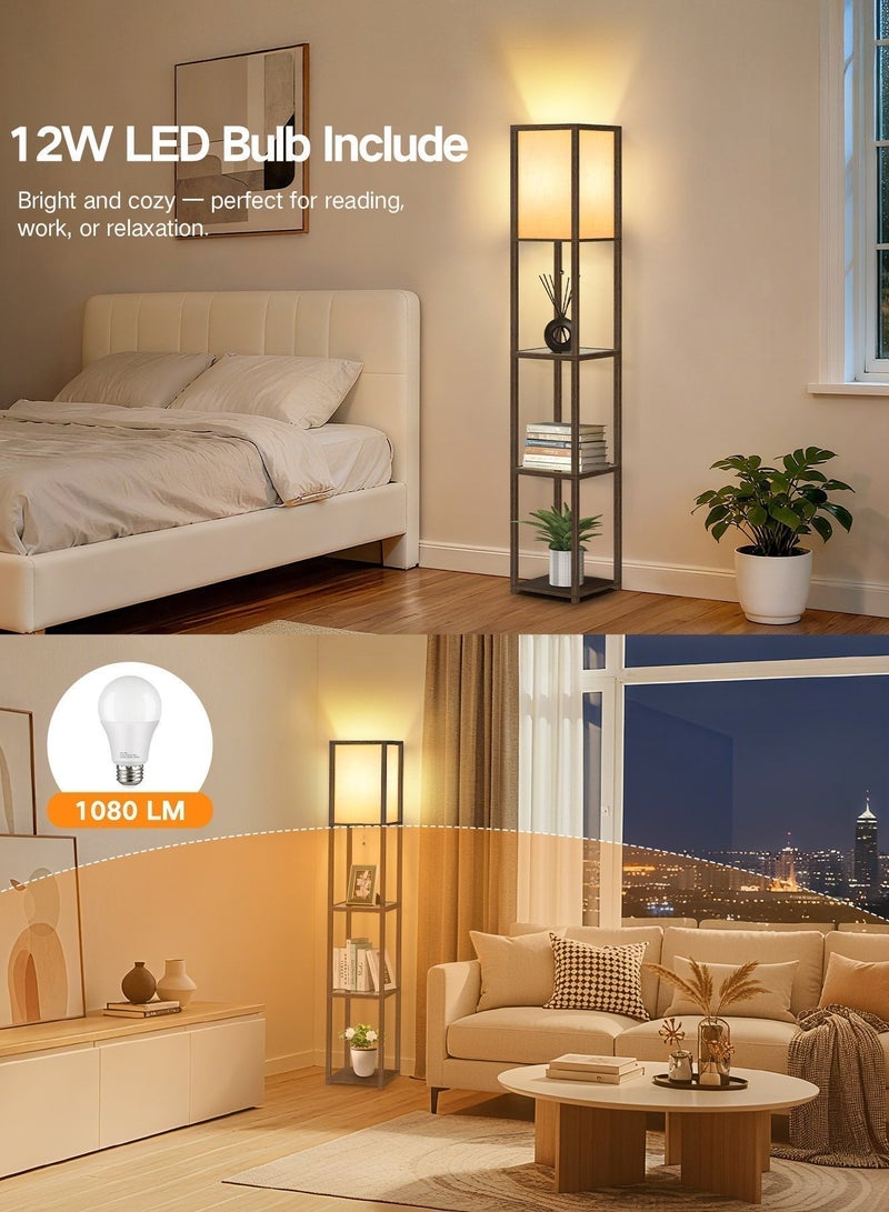 OUTON Floor Lamp with Shelves With Warm Light Shelf Lamps with 3 Color Temperature 12W LED Bulb Storage Bamboo Joint Texture Modern Display Standing Lamp for Living Room Office Bedroom Walnut - Image 3