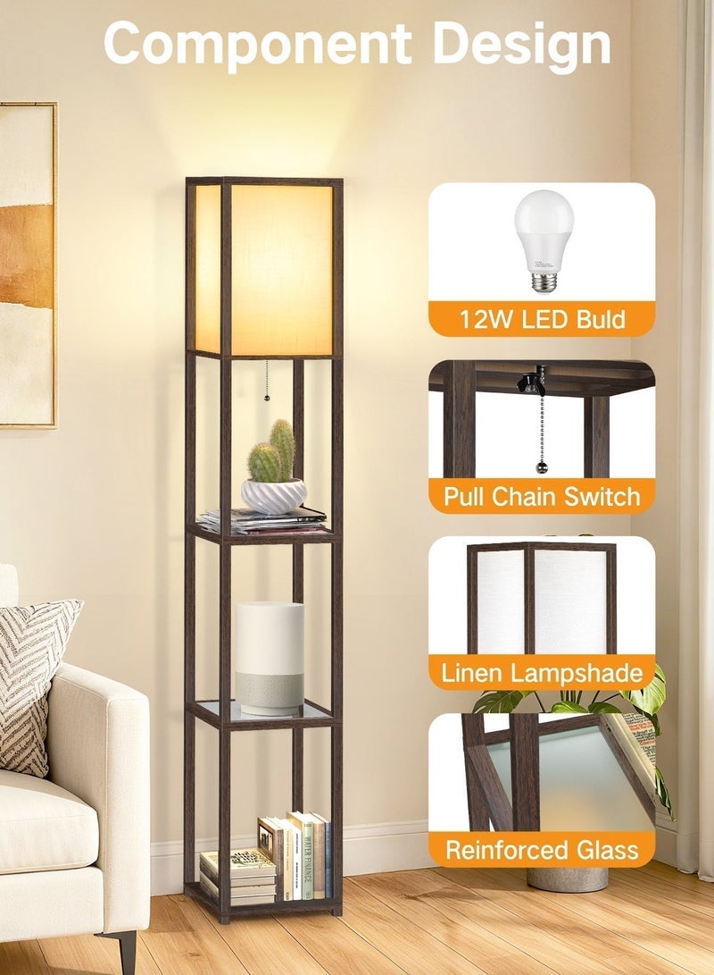 OUTON Floor Lamp with Shelves With Warm Light Shelf Lamps with 3 Color Temperature 12W LED Bulb Storage Bamboo Joint Texture Modern Display Standing Lamp for Living Room Office Bedroom Walnut - Image 5