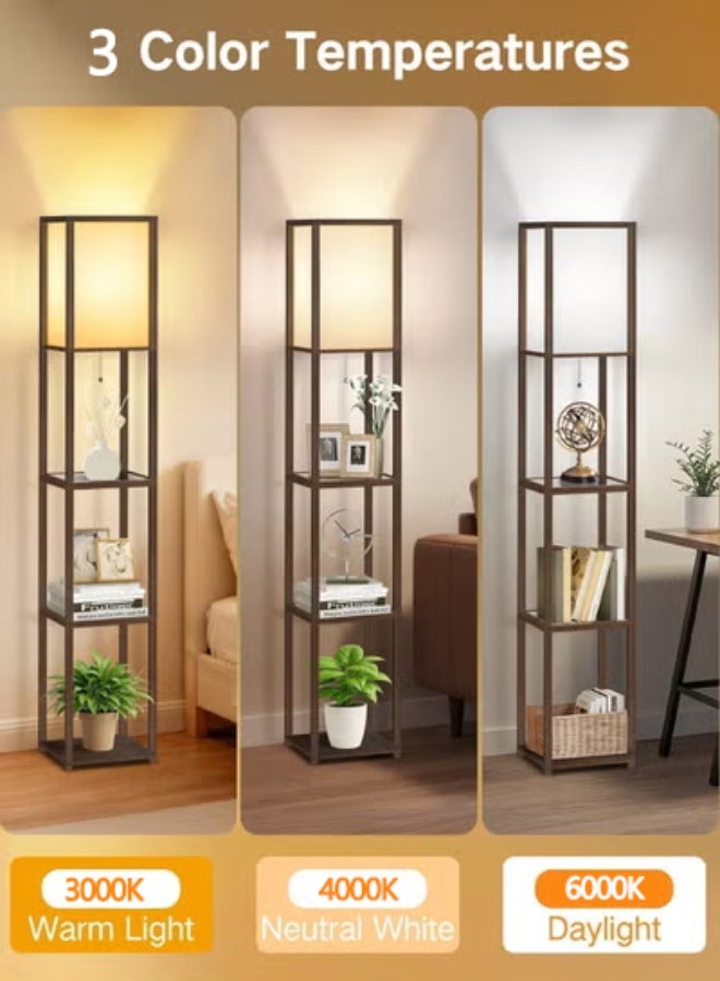 OUTON Floor Lamp with Shelves With Warm Light Shelf Lamps with 4 Color Temperature 9W LED Bulb Storage Bamboo Joint Texture Modern Display Standing Lamp for Living Room Office Bedroom Walnut - Image 2
