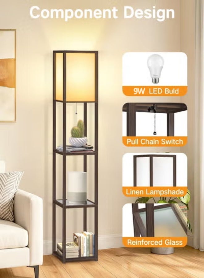 OUTON Floor Lamp with Shelves With Warm Light Shelf Lamps with 4 Color Temperature 9W LED Bulb Storage Bamboo Joint Texture Modern Display Standing Lamp for Living Room Office Bedroom Walnut - Image 5