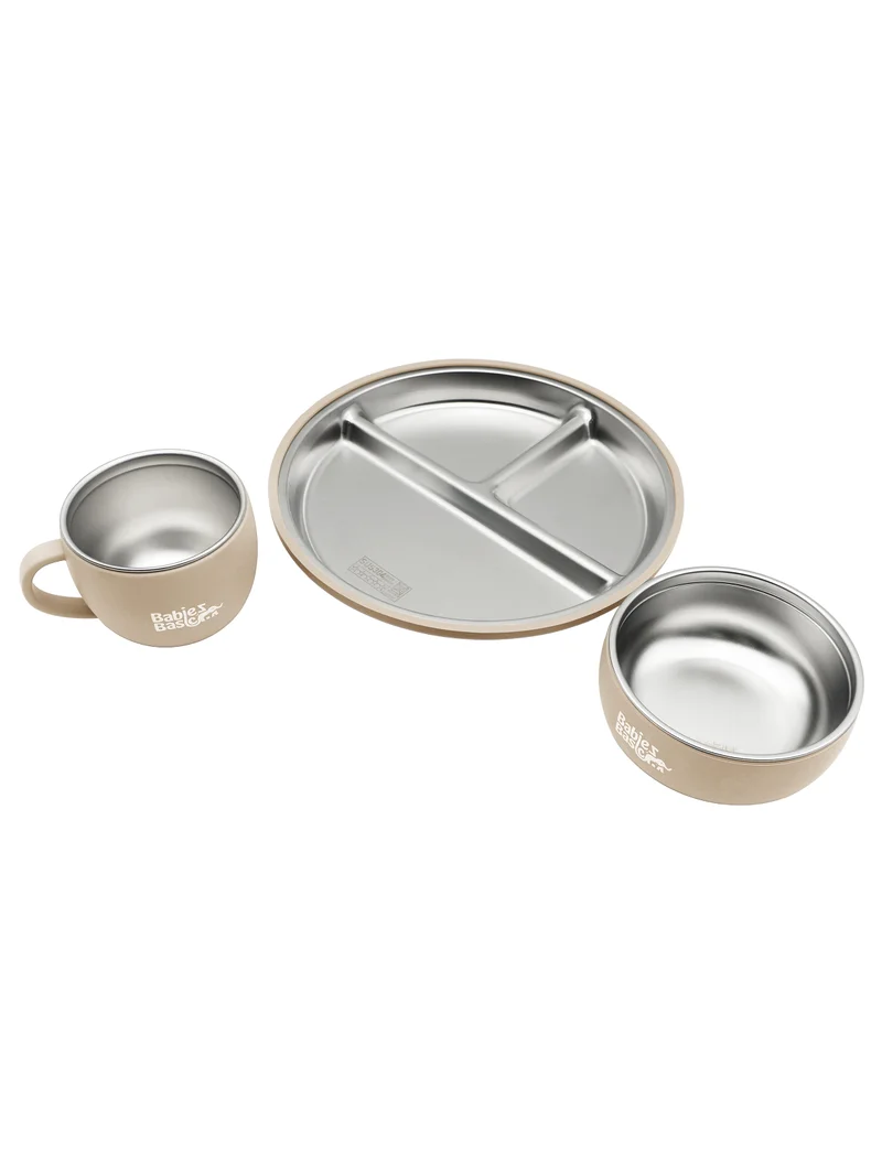 Babies Basic Babies Basic Stainless Steel Plate, Bowl, and Cup with Silicone Sleeve for Kids, Beige