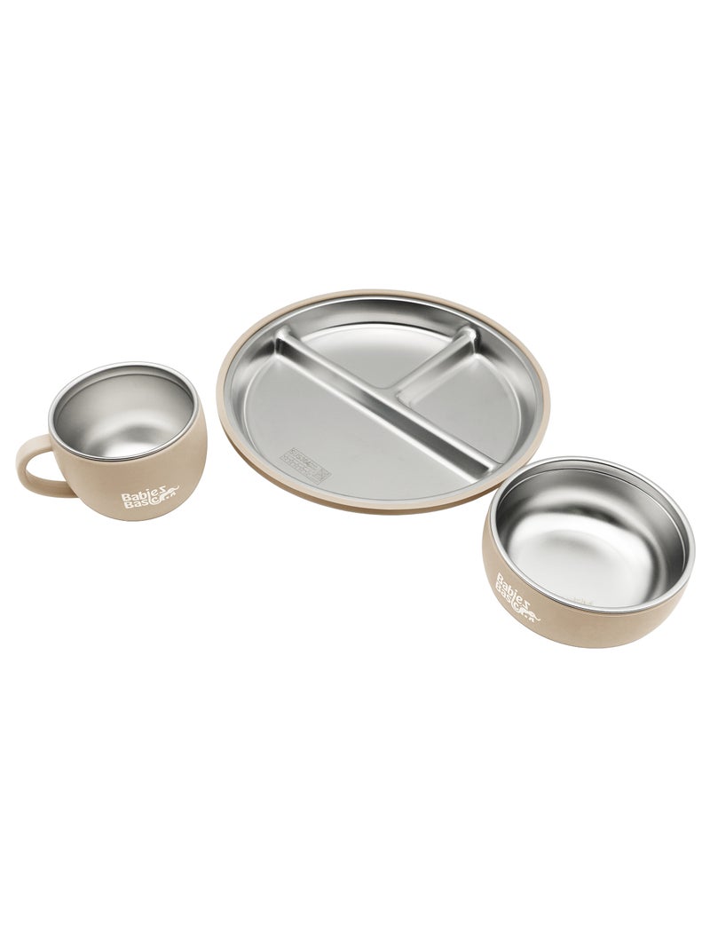 Babies Basic Stainless Steel Plate, Bowl, and Cup with Silicone Sleeve for Kids, Beige - Image 1
