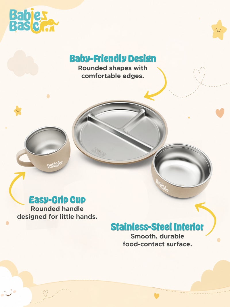 Babies Basic Stainless Steel Plate, Bowl, and Cup with Silicone Sleeve for Kids, Beige - Image 4