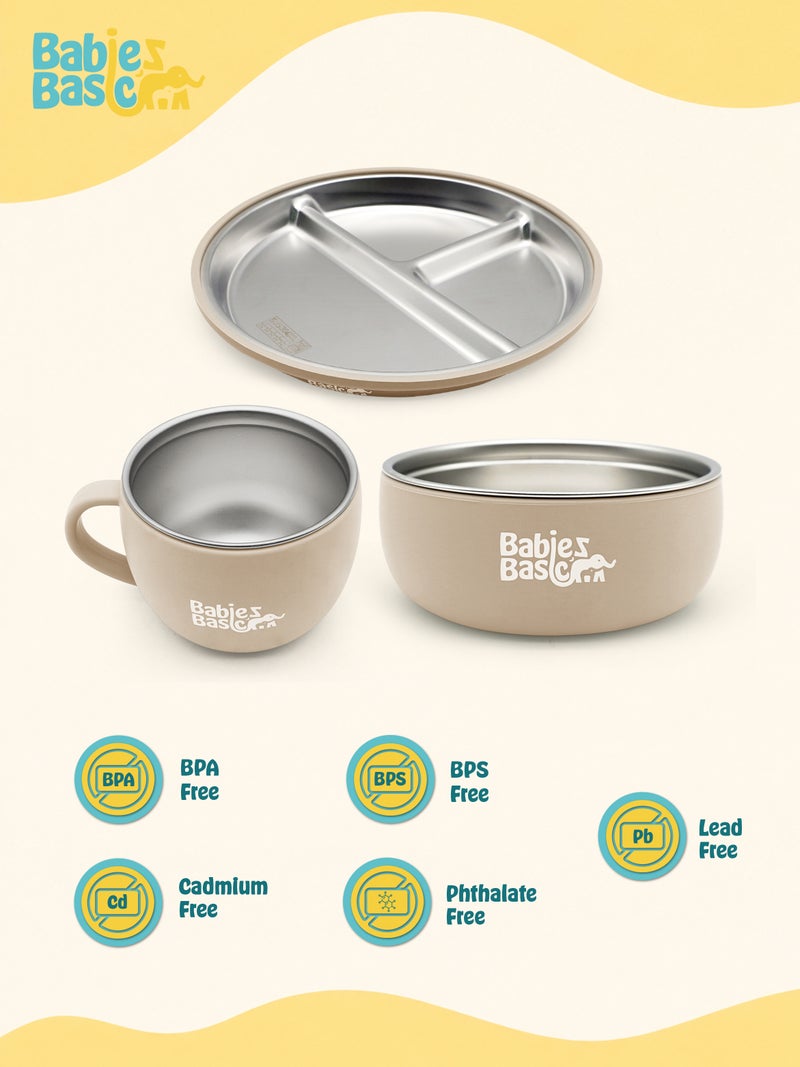 Babies Basic Stainless Steel Plate, Bowl, and Cup with Silicone Sleeve for Kids, Beige - Image 5