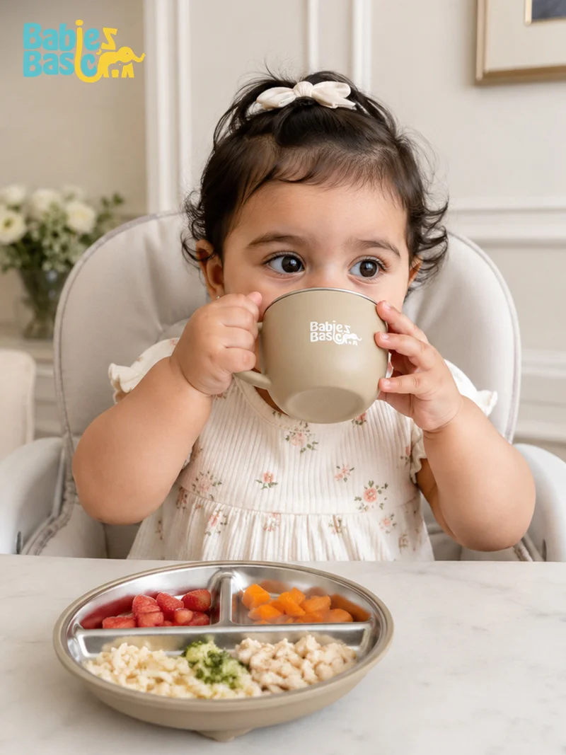Babies Basic Babies Basic Stainless Steel Plate, Bowl, and Cup with Silicone Sleeve for Kids, Beige