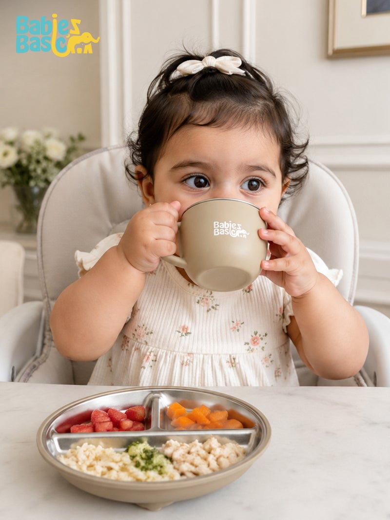 Babies Basic Stainless Steel Plate, Bowl, and Cup with Silicone Sleeve for Kids, Beige - Image 2