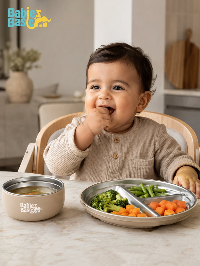 Babies Basic Stainless Steel Plate, Bowl, and Cup with Silicone Sleeve for Kids, Beige - Image 3