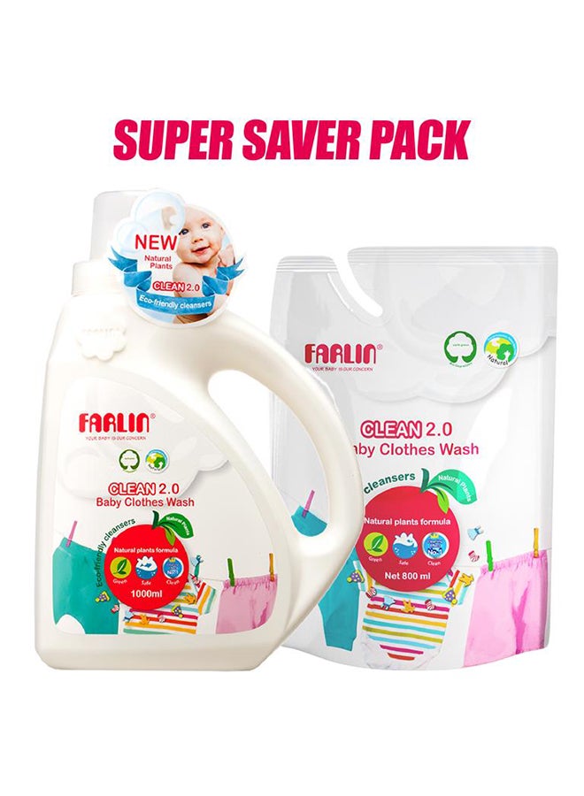Clean 2.0 Baby Clothing Detergent 1000Ml With Refill Pack Of 800Ml– Gentle, Hypoallergenic & Stain-Removing Laundry Liquid