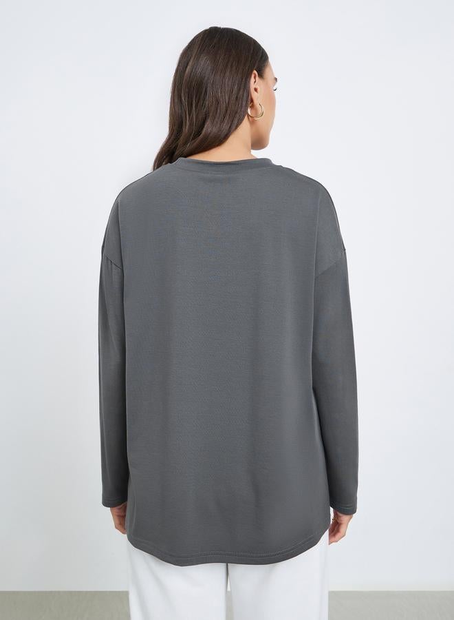 Styli Grey Oversized Long Sleeve T-Shirt - Image 4