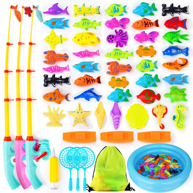 FIVEDAOGANG Magnetic Fishing Game 45 PC Ocean Sea Floating Fish Colorful Animals with Net Portable Storage Bag Kiddie Pool Bathtub Game for Age 3 4 5 6 Year Kids ToddlerXXLarge Set - Image 3