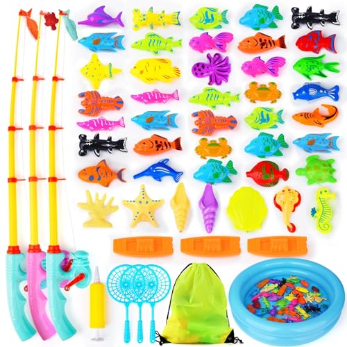 FIVEDAOGANG Magnetic Fishing Game 45 PC Ocean Sea Floating Fish Colorful Animals with Net Portable Storage Bag Kiddie Pool Bathtub Game for Age 3 4 5 6 Year Kids ToddlerXXLarge Set - Image 1