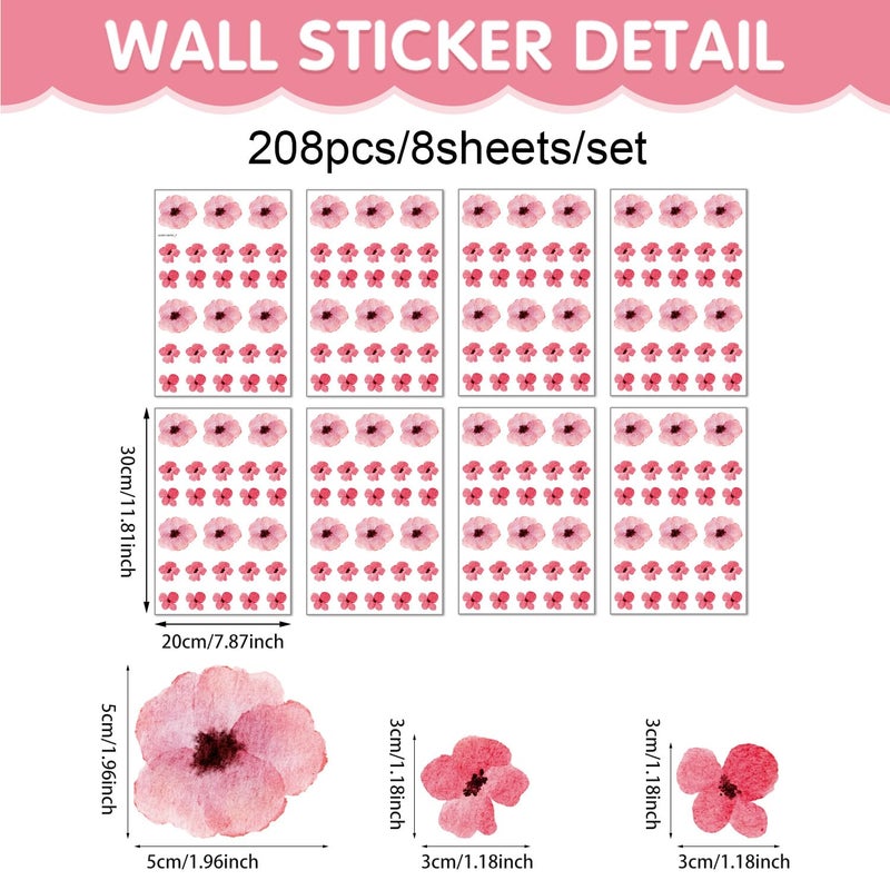 Kasubeso 208Pcs Boho Flower Wall Stickers, Peel and Stick Pink Floral Wall Decals, Removable Neutral Watercolor Wildflower Blossom Window Clings for Girls Bedroom Living Room Offices Home Decoration - Image 2