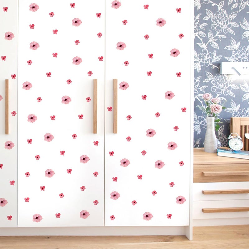 Kasubeso 208Pcs Boho Flower Wall Stickers, Peel and Stick Pink Floral Wall Decals, Removable Neutral Watercolor Wildflower Blossom Window Clings for Girls Bedroom Living Room Offices Home Decoration - Image 1