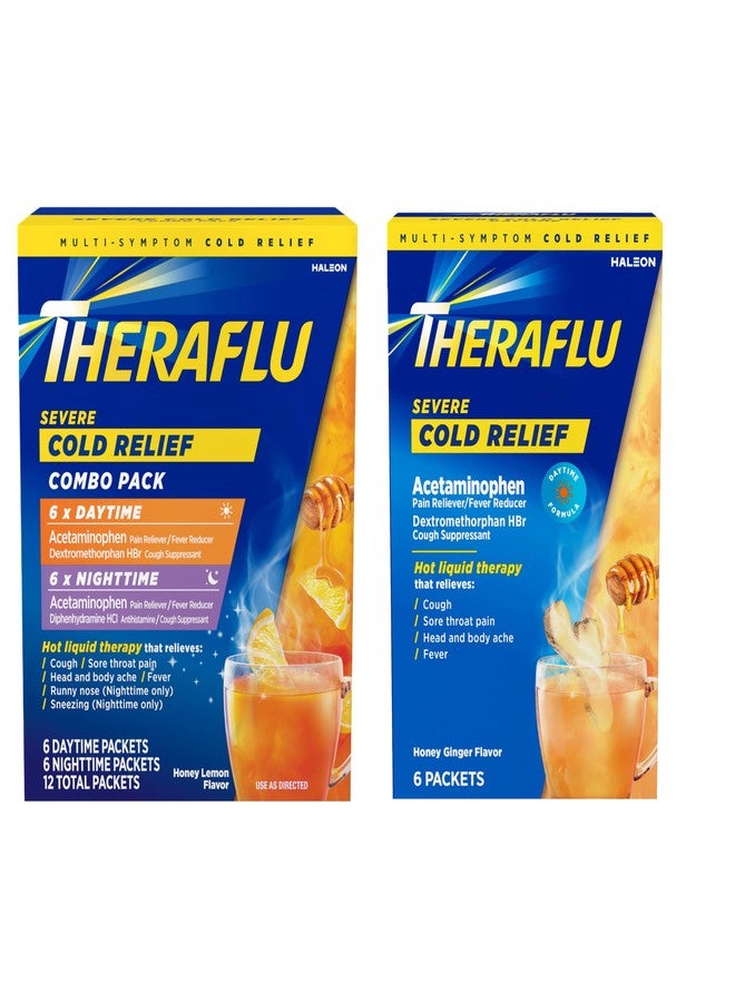 Theraflu Severe Cold Relief Hot Liquid Powder Combo: 12ct Daytime/Nighttime Honey Lemon Flavor + 6ct Daytime Honey Ginger Flavor - Image 1