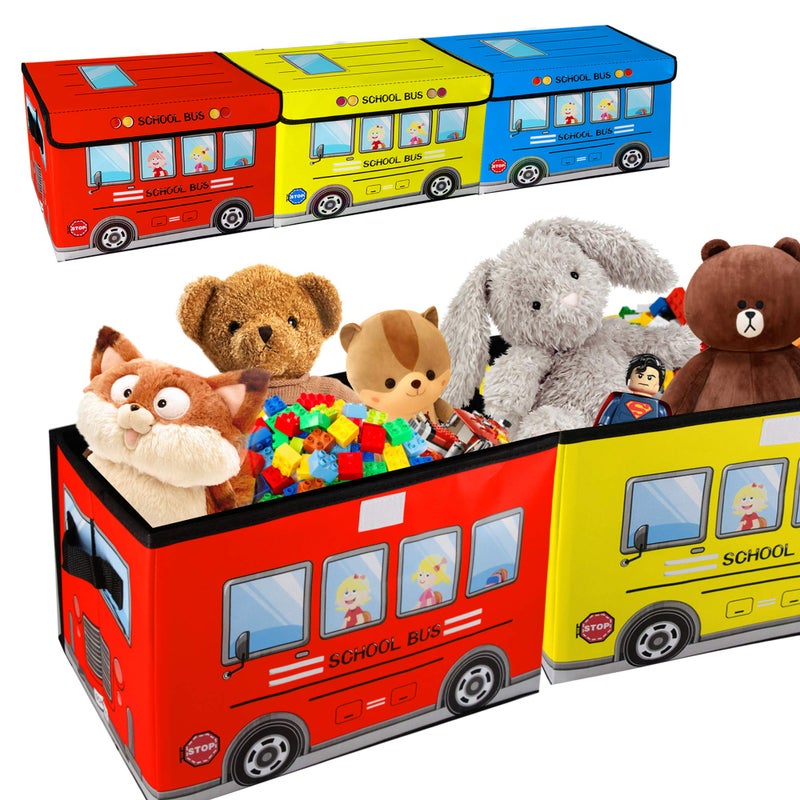 Saderoy Kids Toy ChestToy Chest Collapsible Storage Cubes Organizer with Handles Kids Toy Bin with Lids School Bus Pattern Toy Storage Organizer for Boys Girls Playroom Closet Living Room 3 Packs 