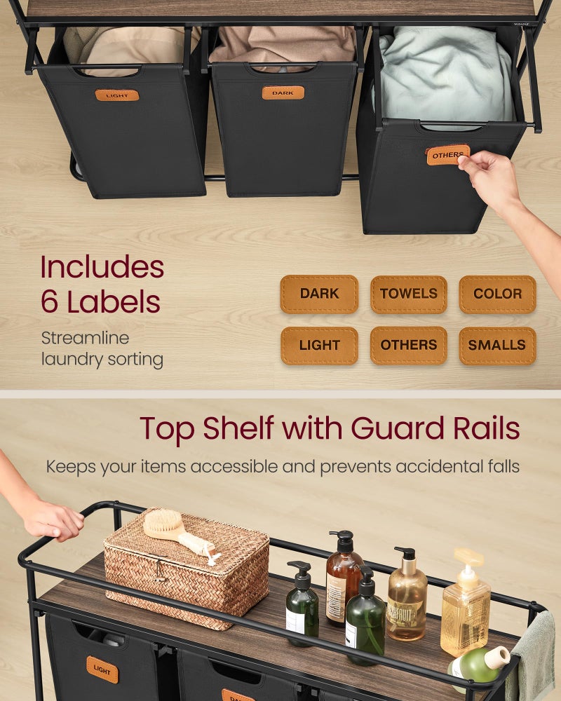 VASAGLE Laundry Sorter, Laundry Hamper with Wheels, 39.6 Gal. (150 L) Portable Rolling Cart Baskets with Shelf, 3 Removable Liners and 6 Labels, Ink Black and Chestnut Brown UBLH103BH01 - Image 5