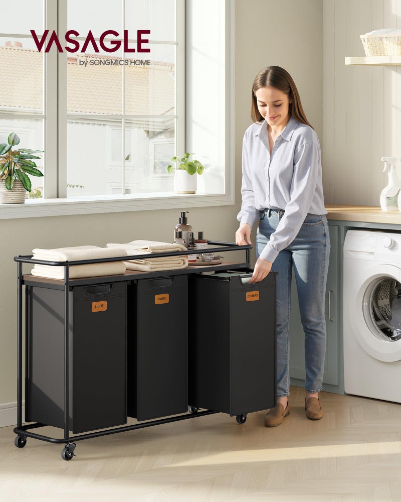 VASAGLE Laundry Sorter, Laundry Hamper with Wheels, 39.6 Gal. (150 L) Portable Rolling Cart Baskets with Shelf, 3 Removable Liners and 6 Labels, Ink Black and Chestnut Brown UBLH103BH01 - Image 2