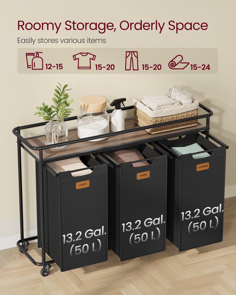 VASAGLE Laundry Sorter, Laundry Hamper with Wheels, 39.6 Gal. (150 L) Portable Rolling Cart Baskets with Shelf, 3 Removable Liners and 6 Labels, Ink Black and Chestnut Brown UBLH103BH01 - Image 3