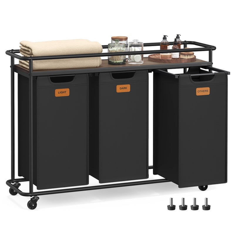 VASAGLE Laundry Sorter, Laundry Hamper with Wheels, 39.6 Gal. (150 L) Portable Rolling Cart Baskets with Shelf, 3 Removable Liners and 6 Labels, Ink Black and Chestnut Brown UBLH103BH01 - Image 1
