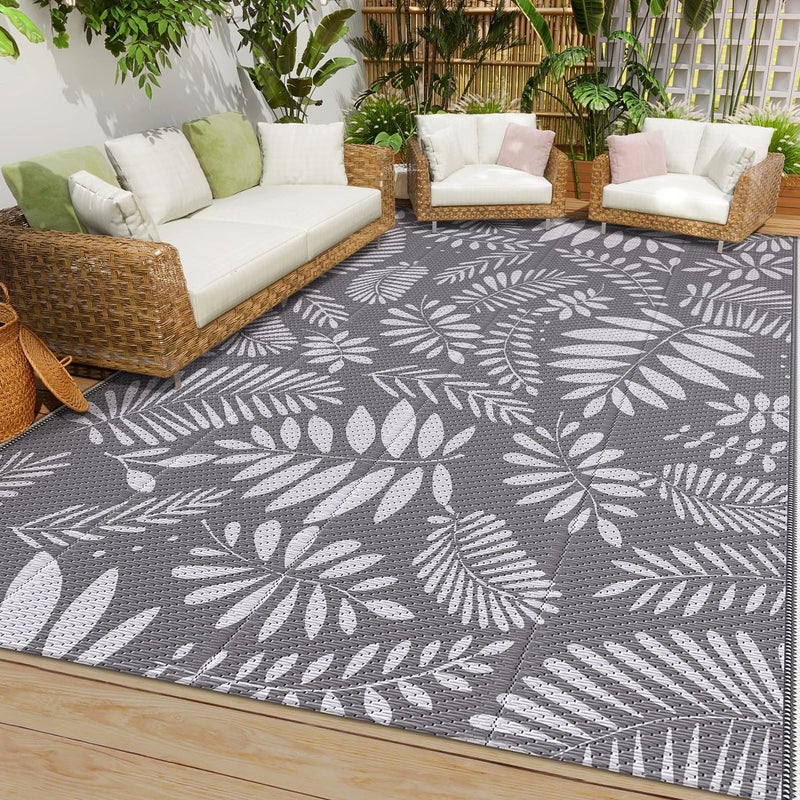 Outdoor Rug Patio Rug Plastic Straw Camping Rugs Large Waterproof Area Rug and Mat for Outdoors RV Patio Backyard Deck Porch Beach Balcony 5x 8 WhiteGray