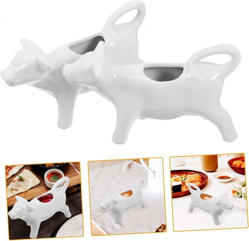 Generic 2pcs Ceramic Milk Jug Milk Warmer Sauce Lab Coffee Travel Mug Leak Proof Creamer Pitcher with Handle Milk Warmer Pot Cup Holder Double The Animal Milk Pitcher Ceramics White - Image 3