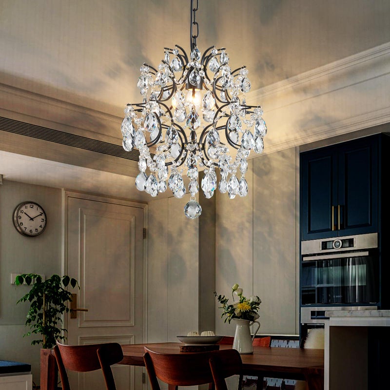 Bestier Black Modern Pendant Chandelier Crystal Raindrop Lighting Ceiling Light Fixture Lamp for Dining Room Bathroom Bedroom Livingroom entryway 1 E26 Bulbs Required D13 in x H16 in - Image 2