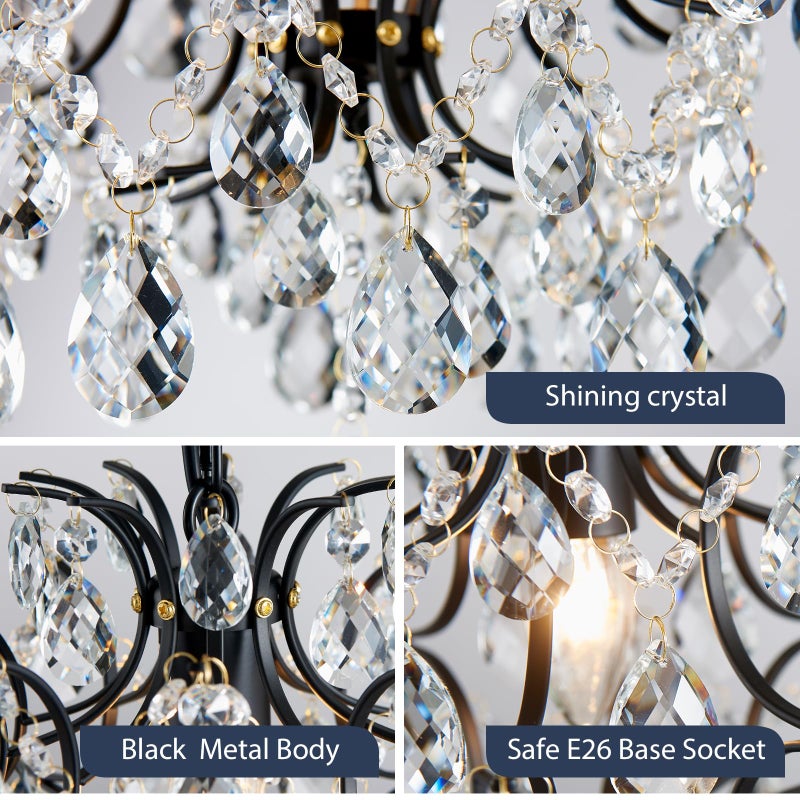 Bestier Black Modern Pendant Chandelier Crystal Raindrop Lighting Ceiling Light Fixture Lamp for Dining Room Bathroom Bedroom Livingroom entryway 1 E26 Bulbs Required D13 in x H16 in - Image 4