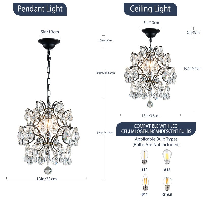 Bestier Black Modern Pendant Chandelier Crystal Raindrop Lighting Ceiling Light Fixture Lamp for Dining Room Bathroom Bedroom Livingroom entryway 1 E26 Bulbs Required D13 in x H16 in - Image 3
