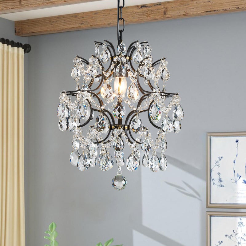 Bestier Black Modern Pendant Chandelier Crystal Raindrop Lighting Ceiling Light Fixture Lamp for Dining Room Bathroom Bedroom Livingroom entryway 1 E26 Bulbs Required D13 in x H16 in - Image 1