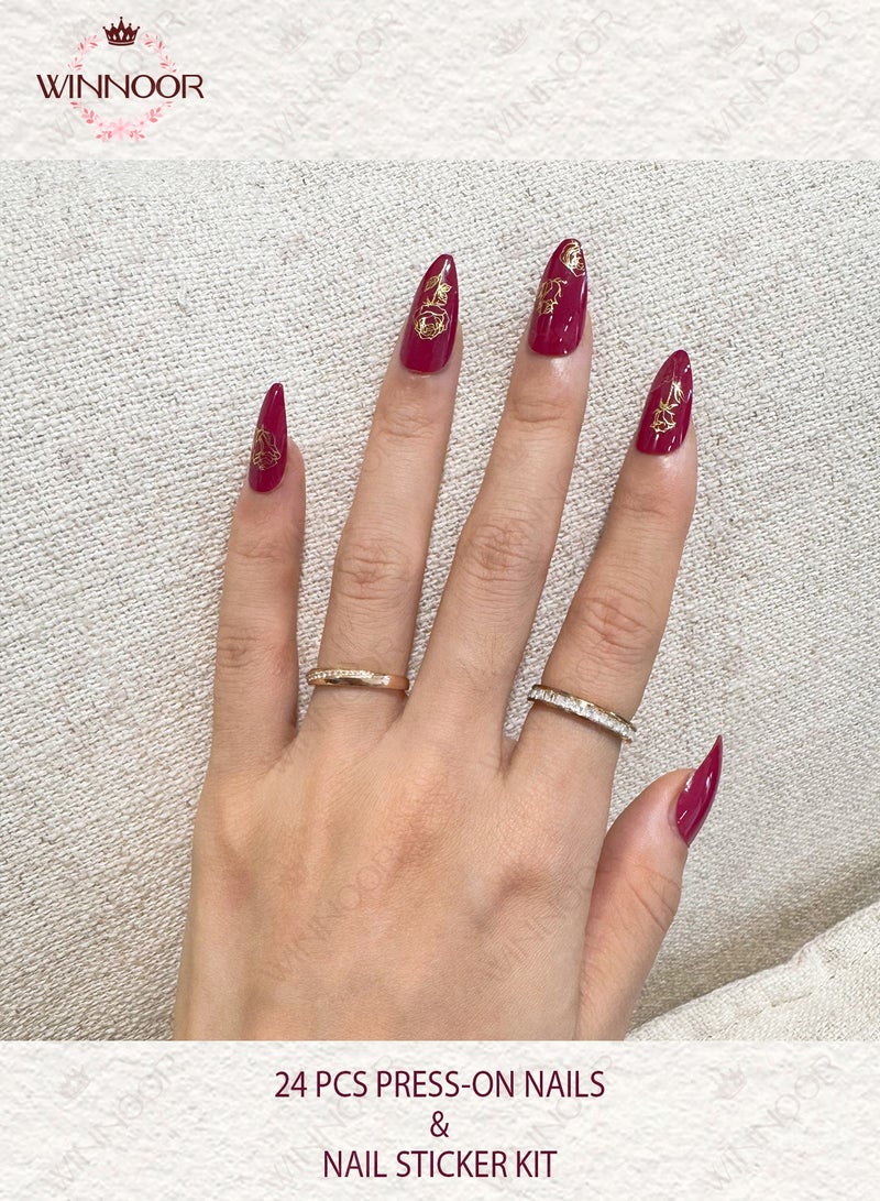 WINNOOR 24Pcs Solid Color Press-on Nails, Magenta Glossy Artificial Nails, Almond Shape False Nails & Gold Rose Outline Nail Stickers Set - Image 4