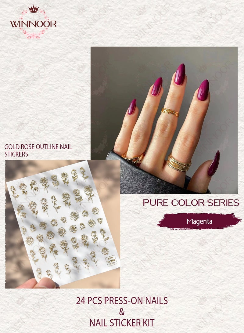 WINNOOR 24Pcs Solid Color Press-on Nails, Magenta Glossy Artificial Nails, Almond Shape False Nails & Gold Rose Outline Nail Stickers Set - Image 2