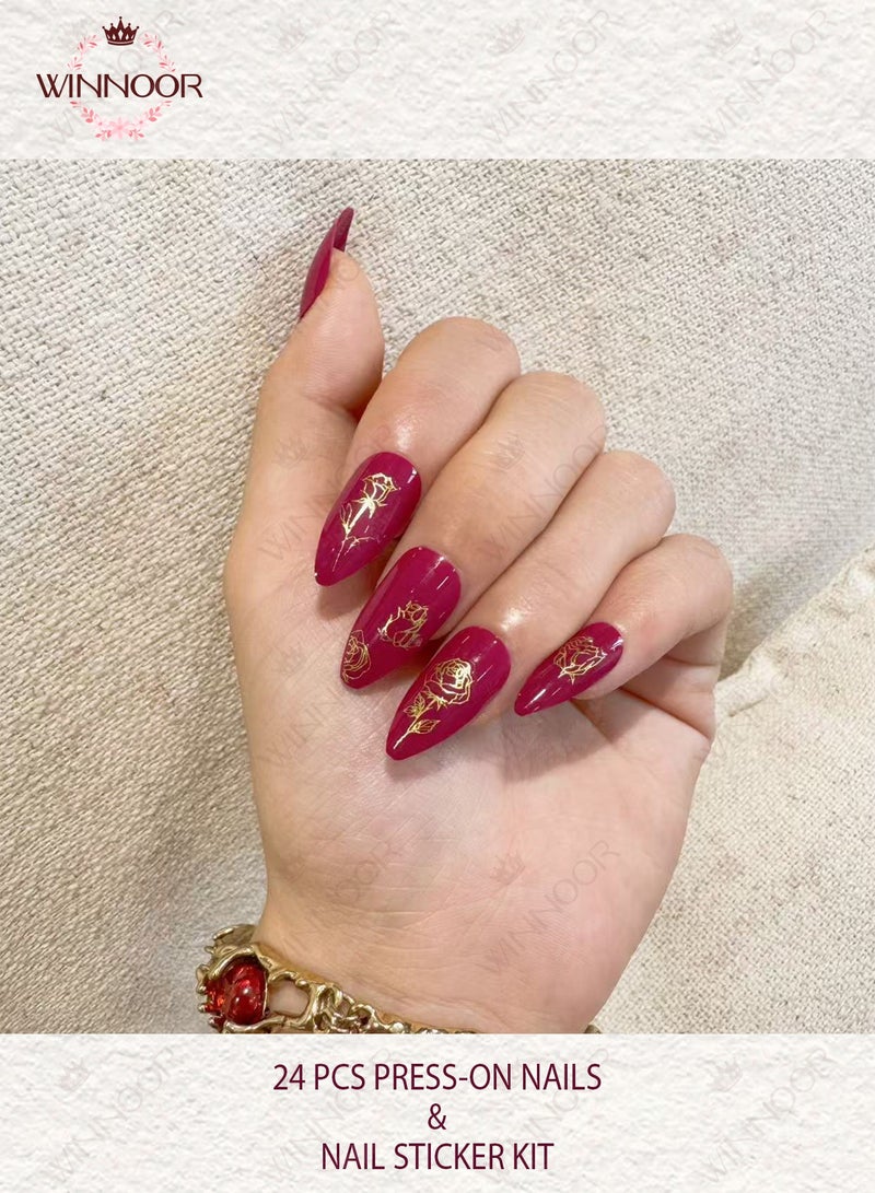 WINNOOR 24Pcs Solid Color Press-on Nails, Magenta Glossy Artificial Nails, Almond Shape False Nails & Gold Rose Outline Nail Stickers Set - Image 1
